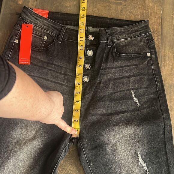 New Black Mid Rise Button Front Flare High Waist distressed Front Button Denim - Picture 9 of 14